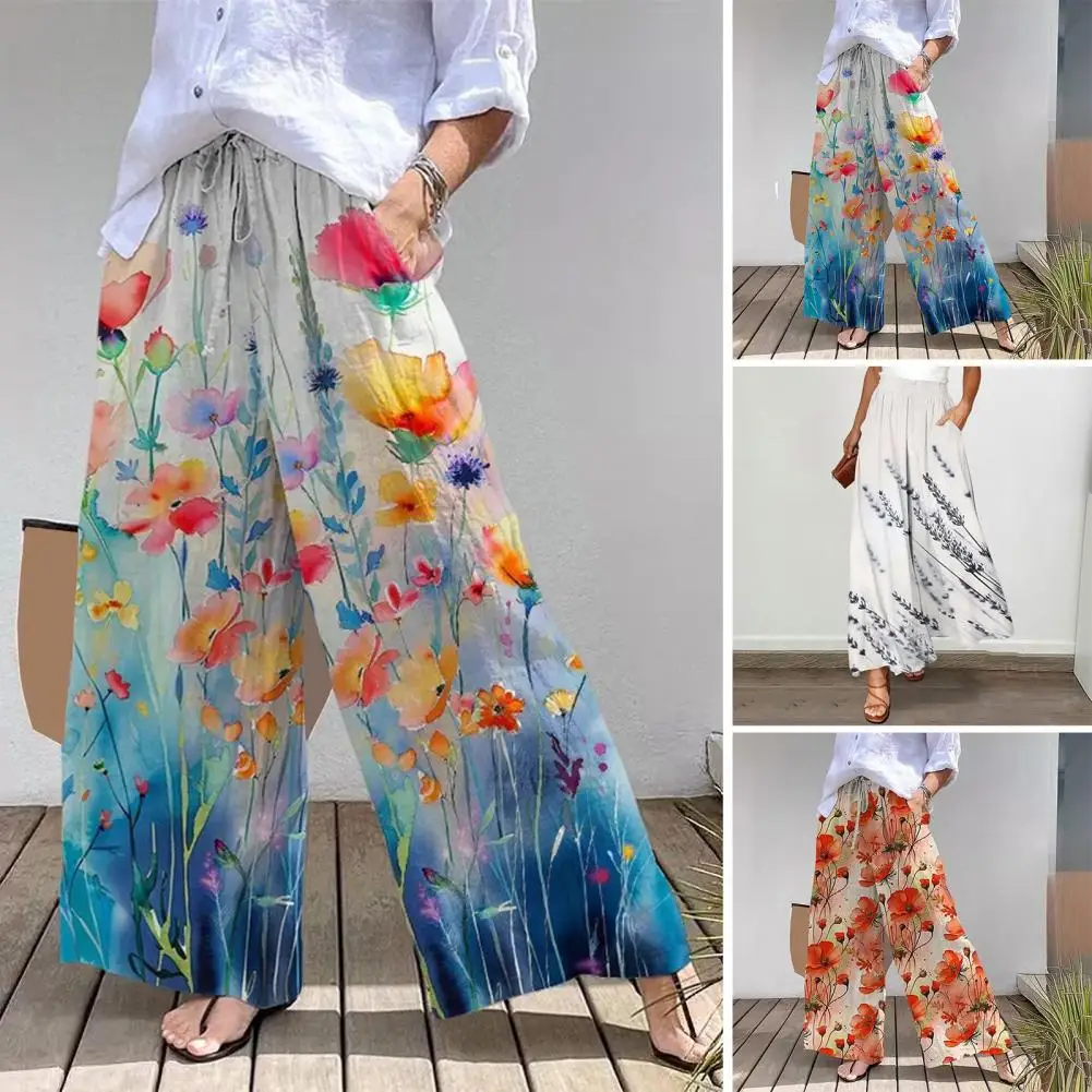 Digital Print Pants Stylish Women's Elastic Waist Wide-leg Pants with Floral Digital Print Designs Adjustable for Summer