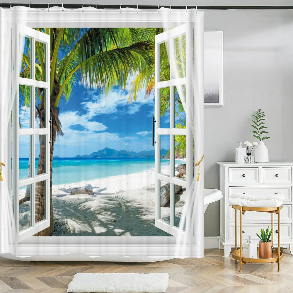 

Shower Curtain Sunshine Beach Scenery Seaside 3D Printing Bathroom Curtain Polyester Waterproof Home Decor Curtain 180x180cm