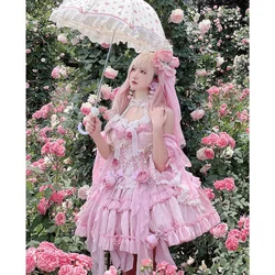 New Original Japanese Harajuku Cool Girl Fashion Pink Dress Female Lolita Temperament Slim Sweet Kawaii Fishbone Rose Jsk Dress