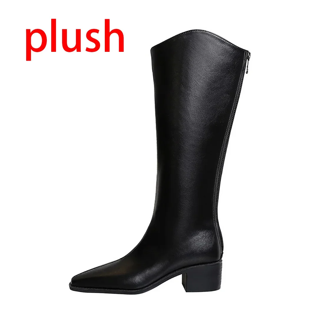 Winter Black Knee-High Boot Shoes For Woman Point Toe Square Heel Long Boots Women's Waterproof Faux Leather Back Zip Thigh Boot