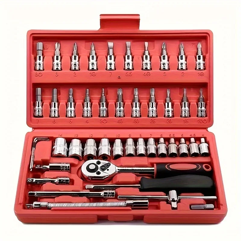 46 Pcs Wrench Set Tool Kit for Car Tool Screwdriver and Bit Ratchet Torque Quick Wrench Spanner Wrench Socket Key Hand Tools