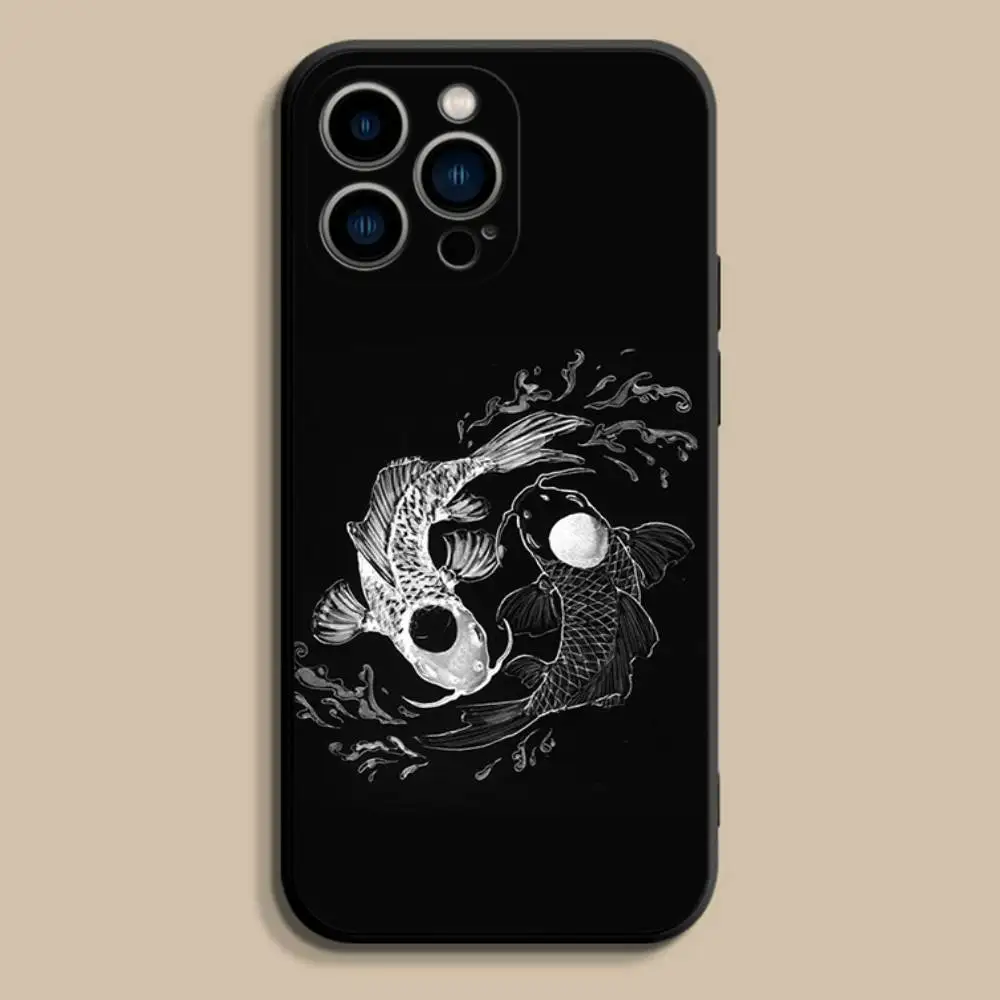 Koi Carp FishS Yin Yang Art Phone Case For iPhone 17,16,15,14,13,12,Pro,Max,Plus,E,SE4,Air,Mini Black Soft Cover