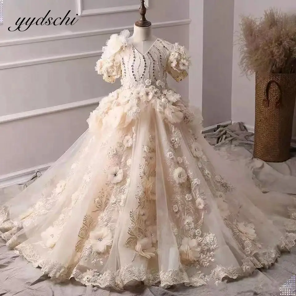 

Luxury Champagne Flower Girl Dresses 2025 3D Floral Appliques Sparkly Sequined Beaded Kids Birthday Pageant First Communion Gown