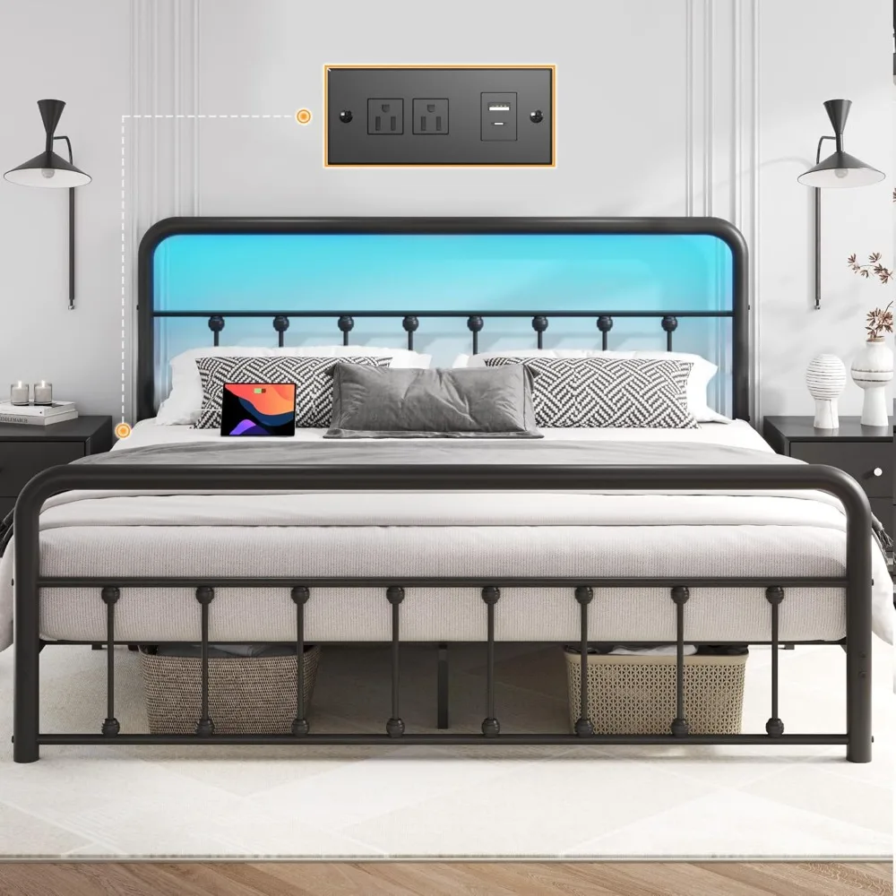 Queen Bed Frame Bed Frame with Charging Station & LED, Victorian Style Iron-Art Headboard/Footboard, Under Beds Storage