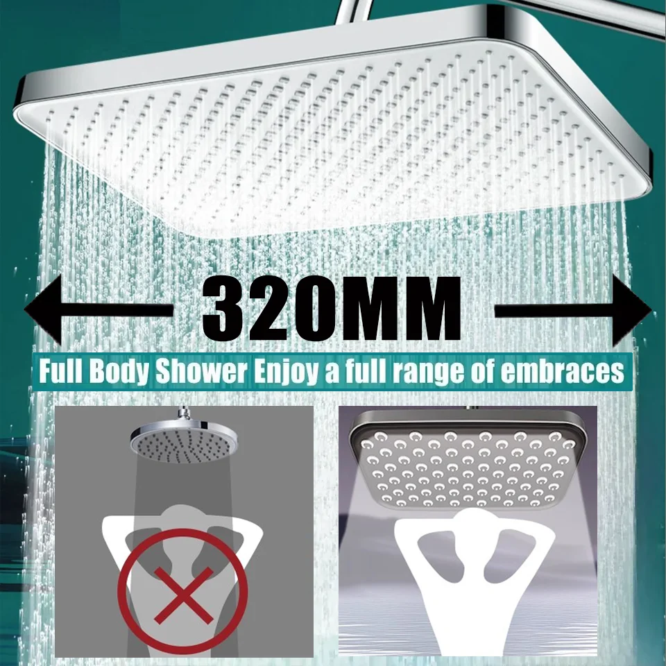 

12-дюймовая большая панель, большой поток, потолочная насадка для душа с наддувом, набор 3 режима, душ для ванной комнаты высокого давления из АБС-пластика с дождевой насадкой ﻿