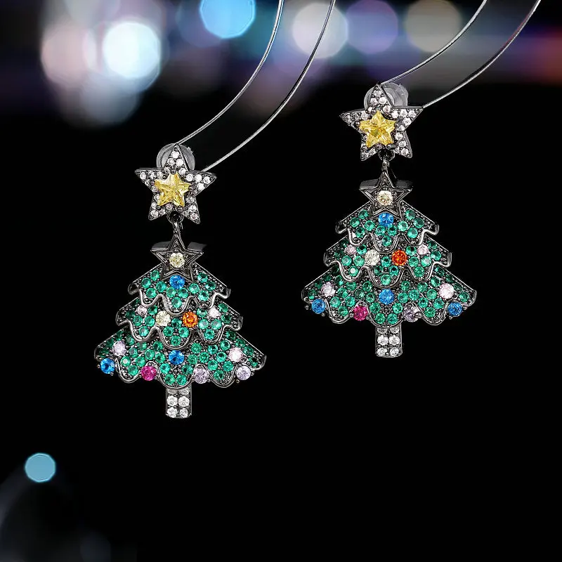 

European and American Style Fashionable Tree Earrings New Colorful Zircon Inlaid High-end Christmas Gift