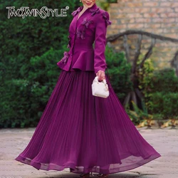 TWOTWINSTYLE Fashion Two Piece Sets for Women V Neck Long Sleeve Spliced 3D Decoration Coat High Waist Skirt Formal Set Female