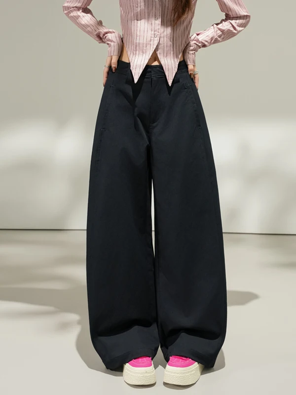 카키 레트로 나이프 워크 팬츠 하이웨이스트 루즈 캐주얼 여성용 바지 봄 가을 와이드 레그 팬츠 힙 커버