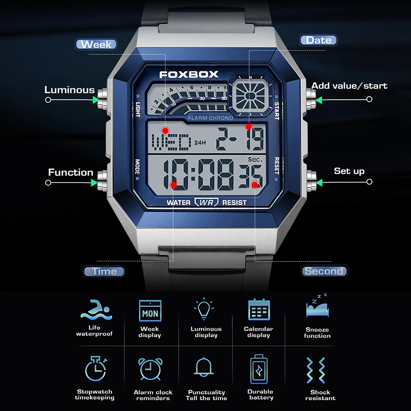 FOXBOX LED Display Mens Watch Fashion Sport Digital Watches Men Casual Waterproof Stainless Steel Quartz Wristwatch Reloj Hombre