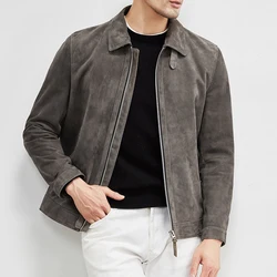 Luxury Suede Genuine Leather Jacket For Men NEW Imported Kid Suede Lapel Motorcycle Short Coat Grey Slim Chamarras Para Hombre