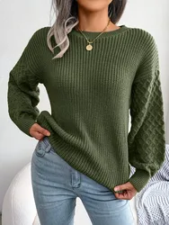 2024 Autumn Winter Casual Lantern Long Sleeved Knitted Sweater Fashion Army Green Round Neck Sweater Elegant Knitted Pullover