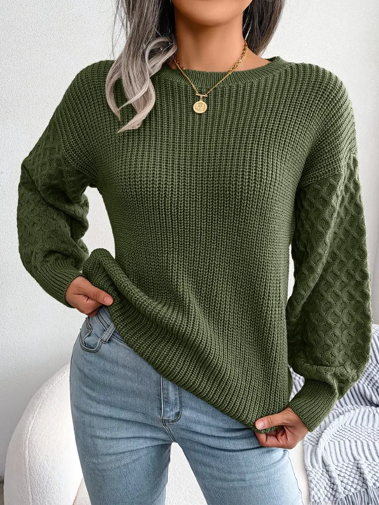2024 Jesień Zima Casual Lantern Sweter z długim rękawem z dzianiny Moda Army Green Sweter z okrągłym dekoltem Elegancki sweter z dzianiny