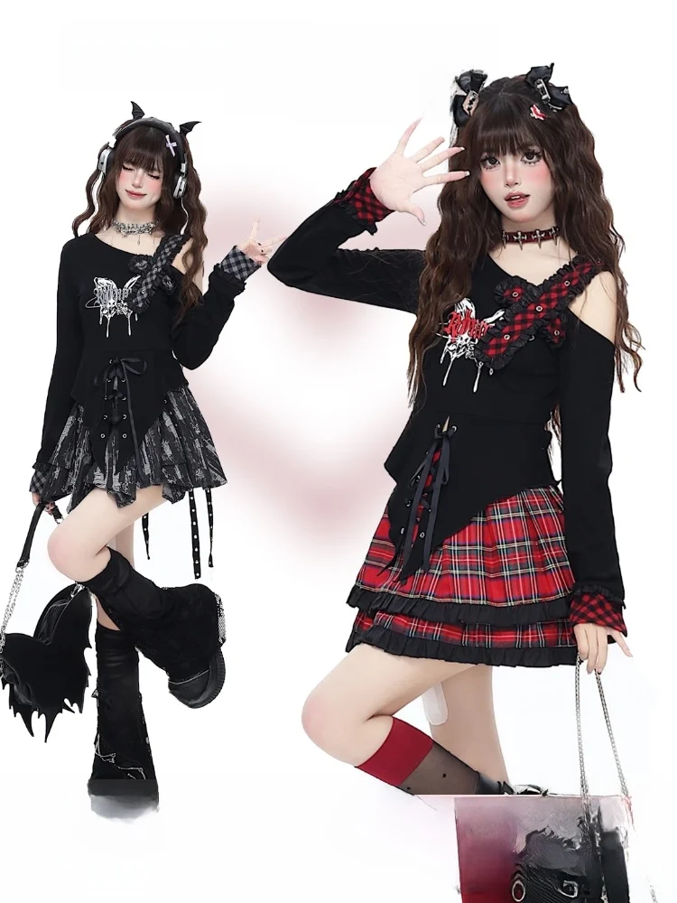 

Оригинальная субкультура Crazygirl, сладкая и пряная асимметричная длинная облегающая футболка с застежкой на талии, женский топ в готическом стиле