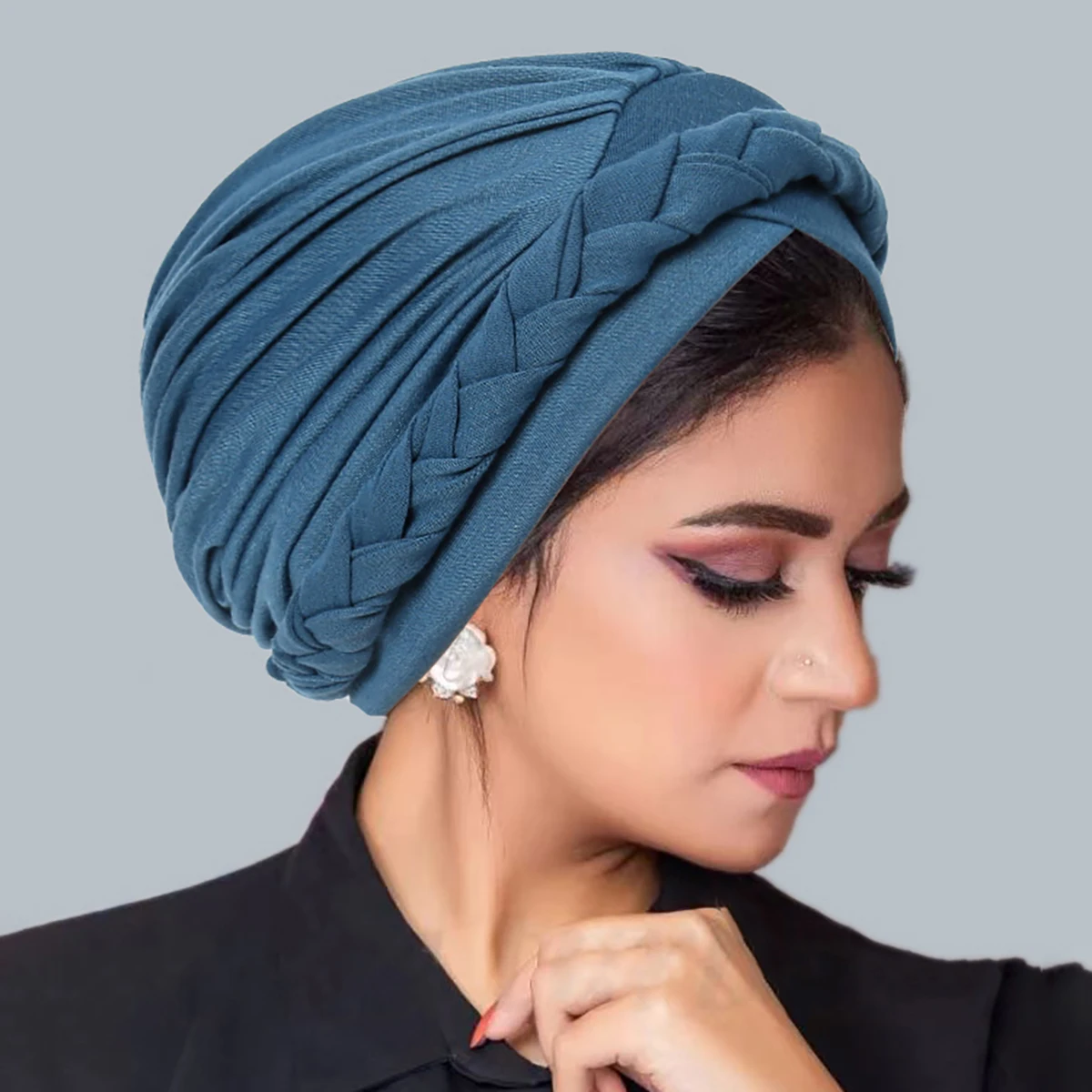 Solid Color Braid Muslim Hijab Caps Crossed Forehead Women Wrap Head Soft Elastic  Fashion Indian Turban Bonnet
