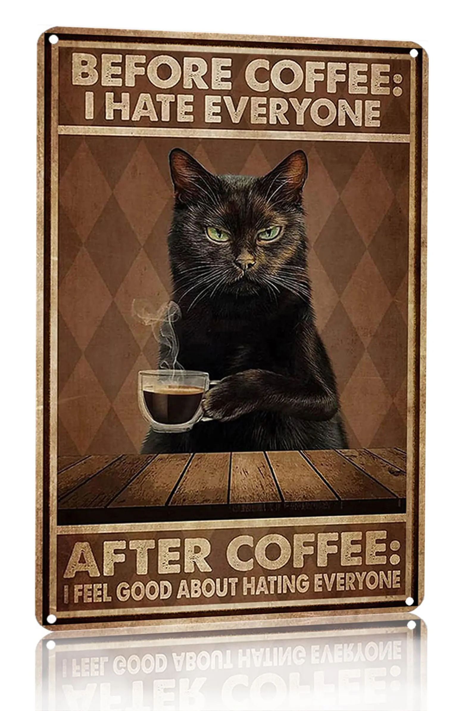 CrazySign Funny Black Cat Before Coffee I Hate Everyone Tin Sign Vintage Home Coffee Bar Wall Art Decor 8x12 Inch (3024)