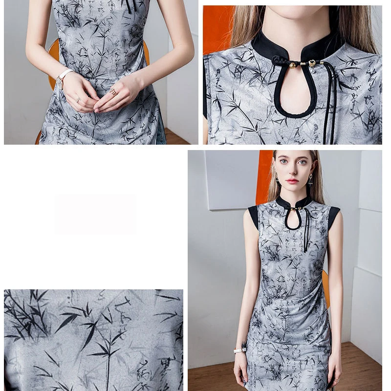 Vestido Cheongsam MadBlack para mulheres, estampa clássica, tops de malha fina, vestidos Midi sem mangas, roupas chinesas novas, primavera, D43032JC