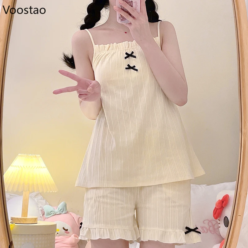 Japanese Kawaii Lolita Style Bow Pajamas Set Girly Cute Sleeveless Strap Tops Ruffles Shorts Suit Casual Homewear Pijama Mujer