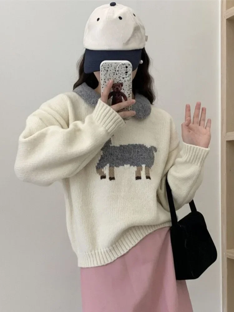 Cartoon Jacquard Y2k Aesthetic Women Sweaters Trendy Grunge Fashion Sweet Jumpers Contrast Color Striped Vintage Loose Knitwear