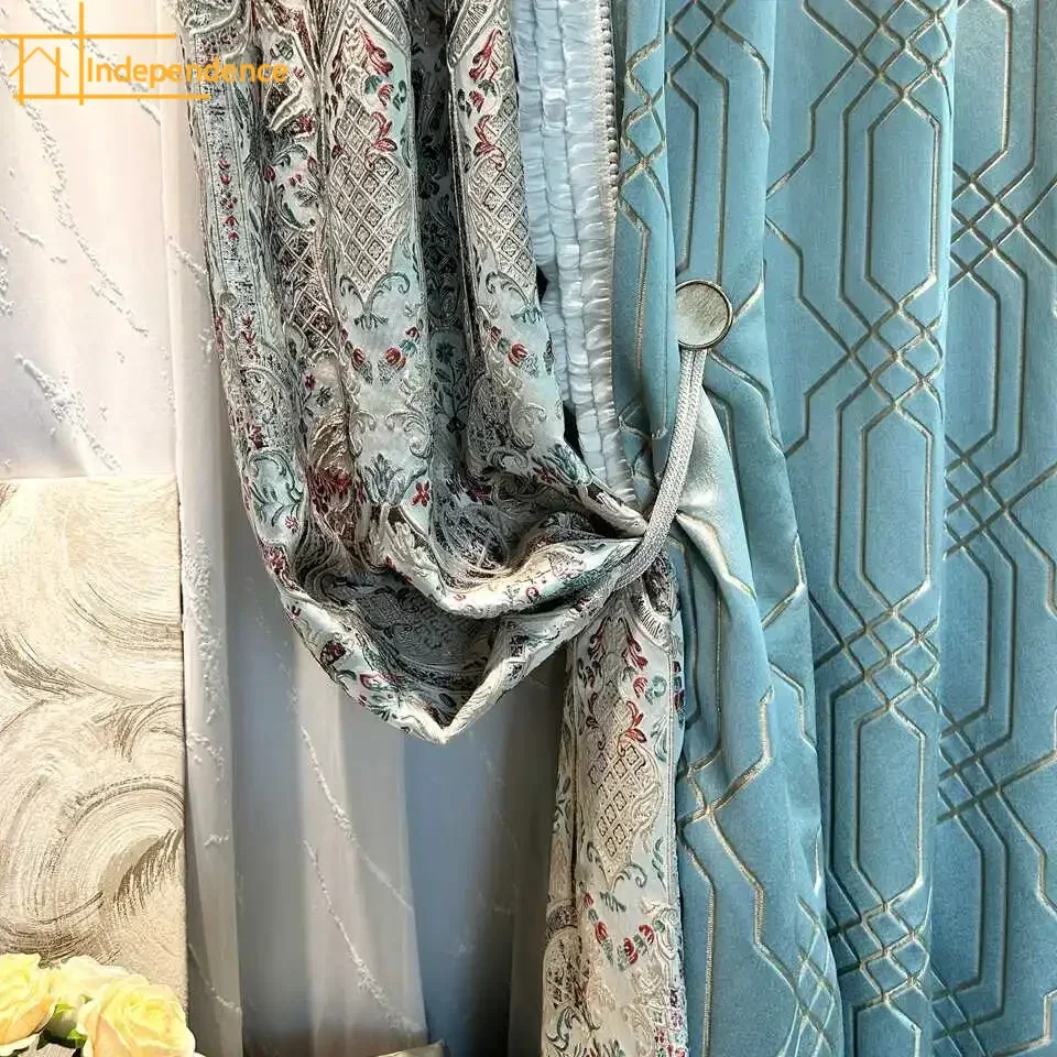 Tiffany Blue Embossed Jacquard Thickened Blackout Fabric Curtains for Living Room Bedroom Balcony Floating Window Customised