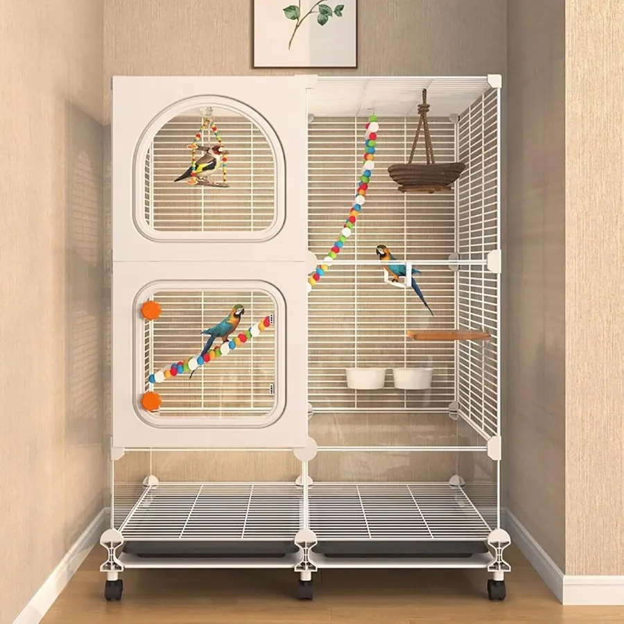 

Bird Cages for Parakeets Large Bird Cage Parrot Cage Metal Transparent Door Easy to Observe with Casters and Accessories White