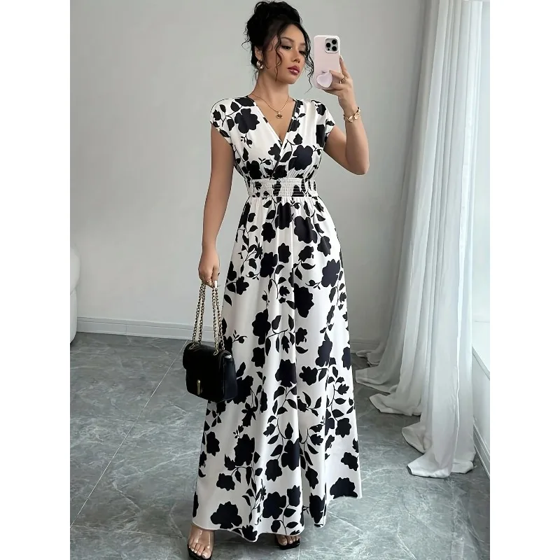 Elegantes Damenkleid mit Schwarz-Weißem Blumenmuster, V-Ausschnitt, Elastischem Kordelzug in der Taille, A-Linie Urlaubskleid 2026 Y2k-Kleid
