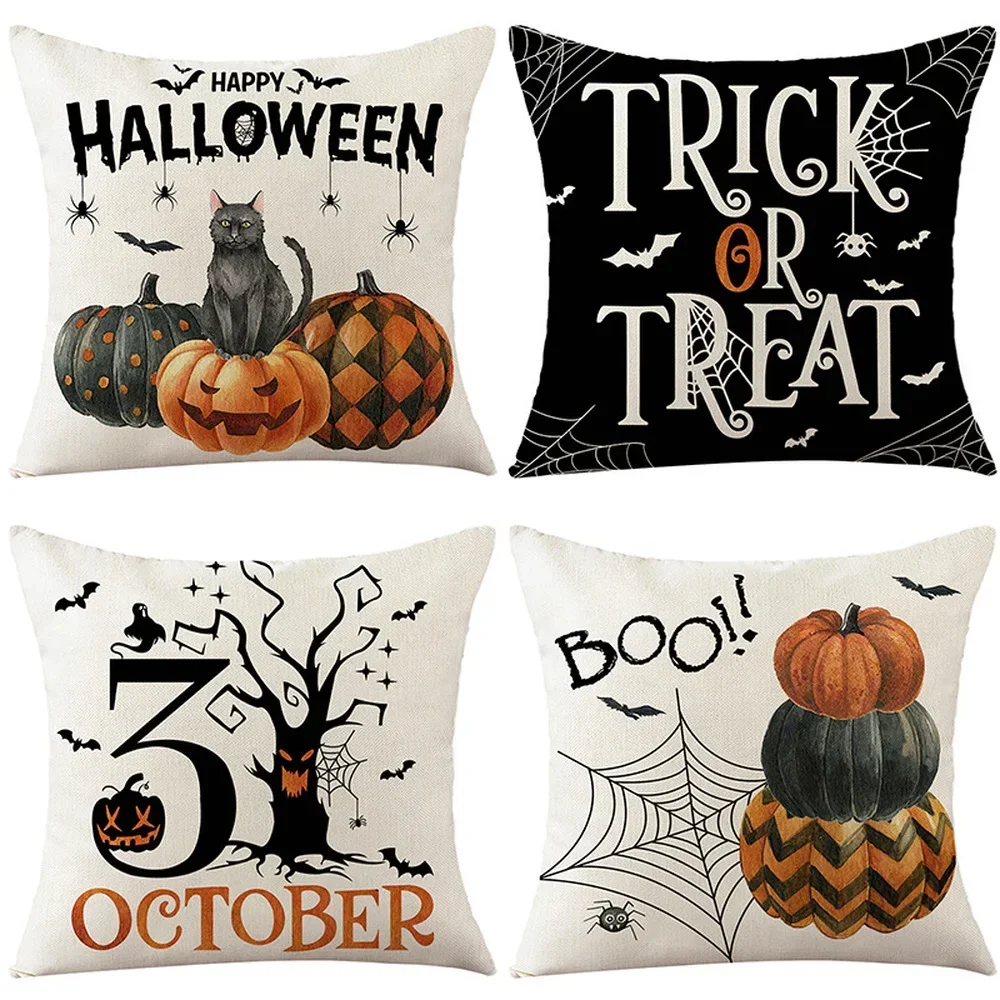 Halloween Decorations Pumpkin Letters Cushion Cover 18x18 Inches Linen Pillowcase Farmhouse Home Decor Pillow Cover for Couch