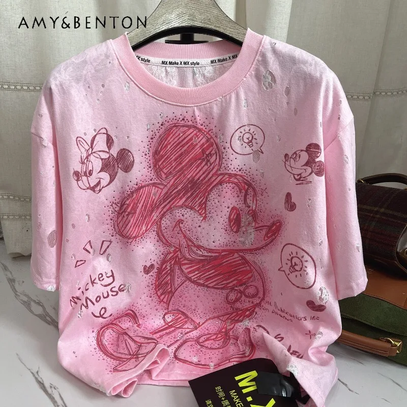 

Новинка: Женская футболка в европейском стиле, оверсайз, свободный крой, универсальная, шикарная, с мультяшным принтом, с коротким рукавом, Y2K