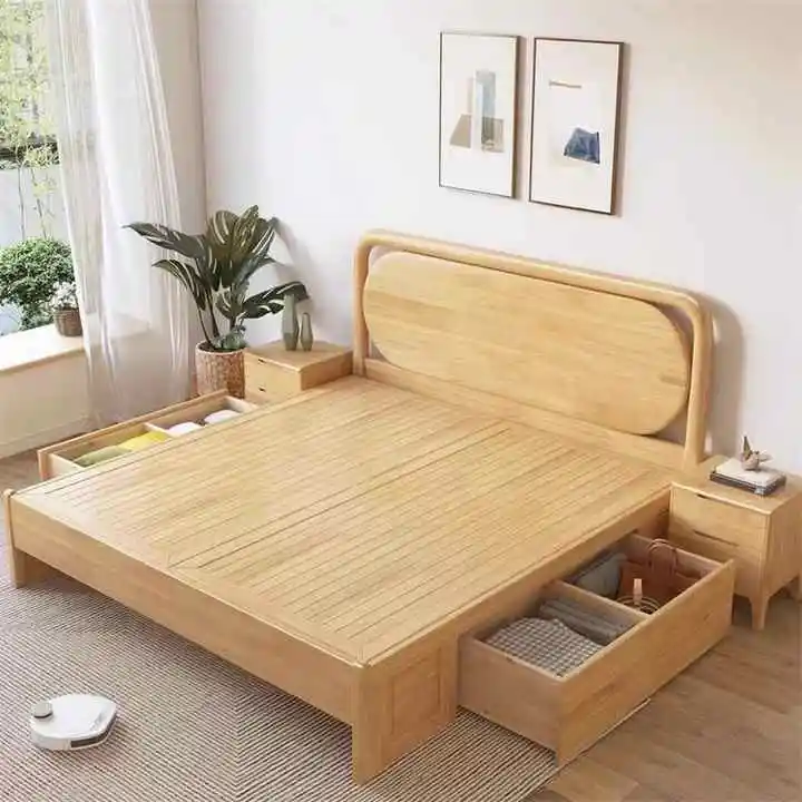 !@Modern Design Solid Pine Wooden Bed Frame with Drawers Multi-Functional Storage Factory Sale at Low Price for Bedroom