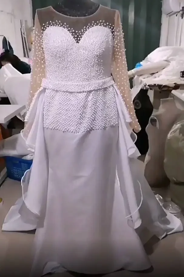 Angepasst African Nigeria Plus Größe Hochzeit Kleid Benutzerdefinierte Überrock Perlen Illusion Hochzeit Brautkleider Vestido De Novio
