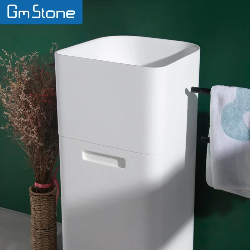 GeMei White One-Piece Free Standing Rectangular Bathroom Sink Artificial Stone Pedestal Wash Basin Solid Surface Countertop