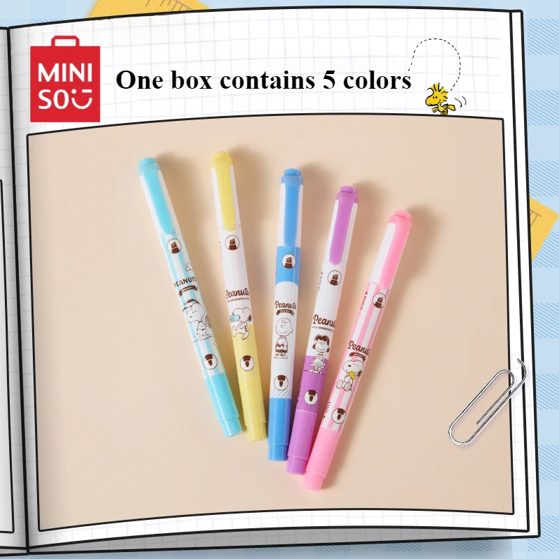 Miniso Snoopy Double-headed Highlighter Set 5-pack Marker Pen Student Stationery Kawaii Cartoon Children's Toys Birthday Gift