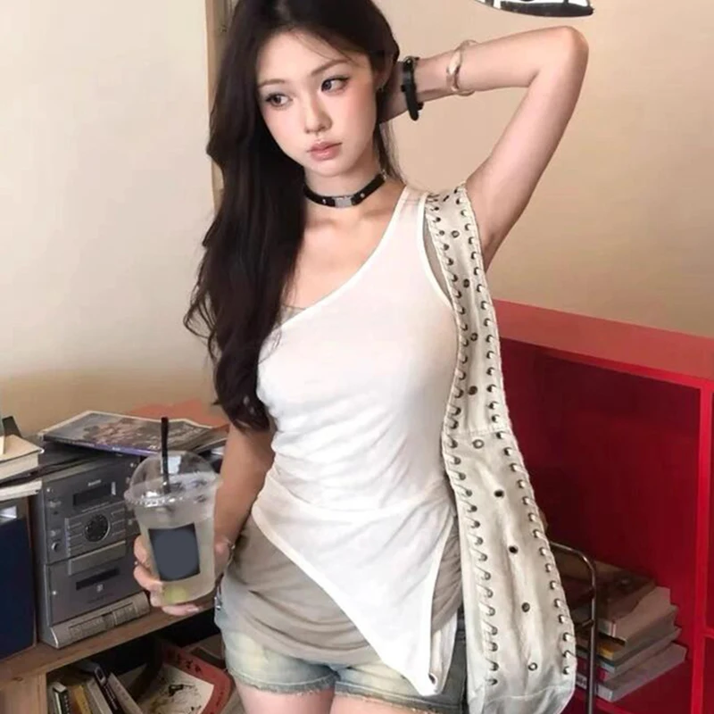 Gilet dal design falso in due pezzi Top Y2K senza maniche irregolari a strati estivi da donna