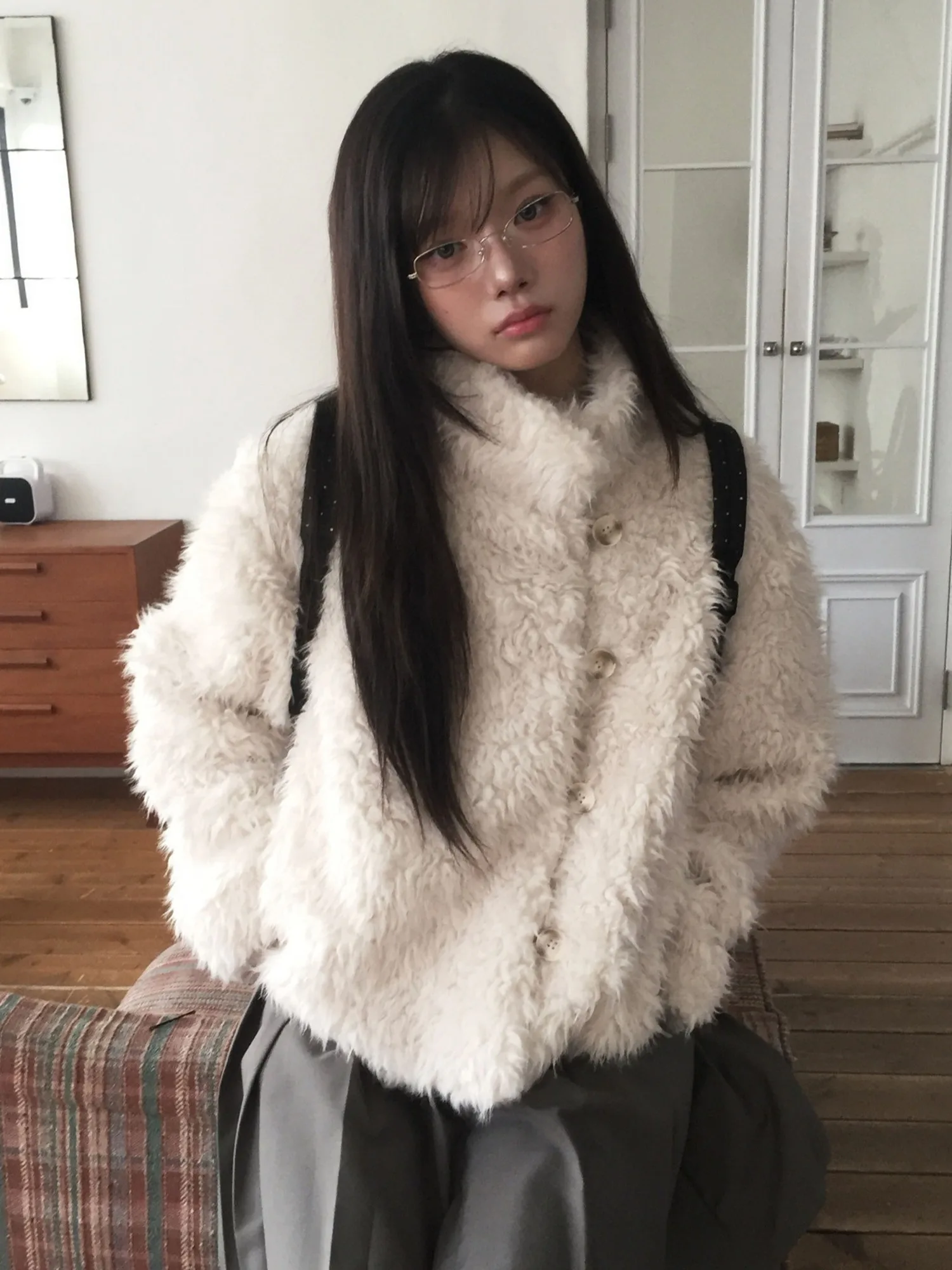 韓国風ショートファーコート レディース 暖かいパイルレザージャケット 冬ファッション 小さいサイズ ビッグコート ヘアテクスチャデザイン