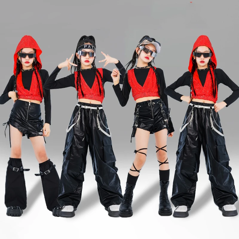 Hip Hop Stage Costume Black And Red Jazz Dance Set Girls Kpop Fashion Clothes Jazz Dancing Show Outfit Shuffle Pants Hoodie 1308