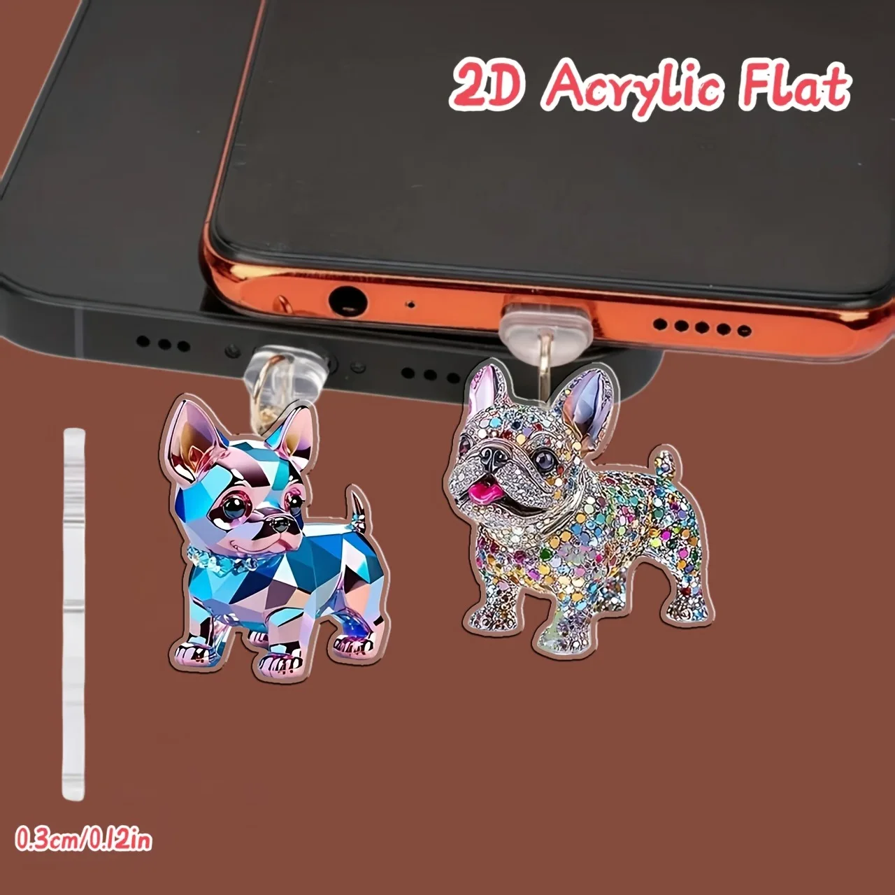 

2 Shiny French Bulldog-Shaped Acrylic Dust Plugs and Cool Tech-Inspired Puppies, for Iphone/Type-C Interface - Shiny Rhinestone Design