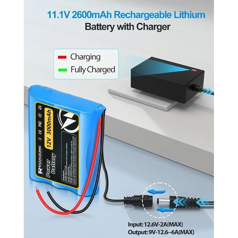 REOAOONE 12V 3000mAh Lithium Ion Battery Pack with Charger for Security Camera LED Lamp Wireless Router RC Toy 6A Output