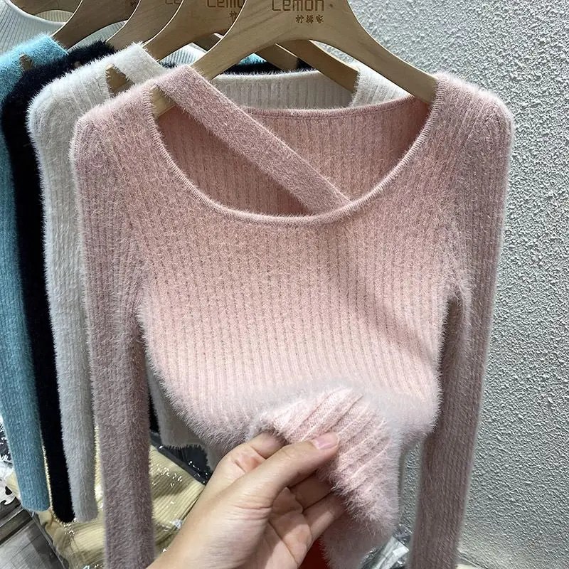 V Neck Sweaters Sueter Mujer Slim Shirts for Women 2024 Spring Sueters De Jumper Pullover Tops Pink Sweet