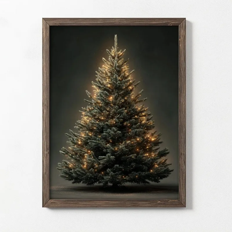 Christmas Tree Canvas Wall Art Green Pine Tree with Warm Golden Fairy Lights Print Minimal Xmas Home Unframed Canvas Poster