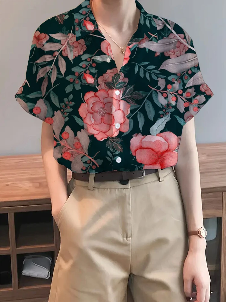 Holiday Style Printed Short Sleeve Shirt Ladies Lapel Button Short Sleeve Shirt Holiday Style Daily Elegant Casual Loose