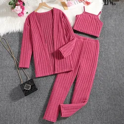 3 Pcs Kids Clothing Sets Outfits for Girls 2024 Autumn Winter Children Solid Knit Long Sleeve Coat Tank Vest Long Pant 7-14Y