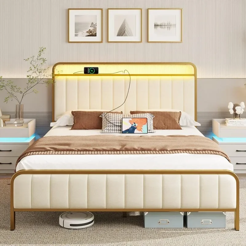 

Full Size Bed Frame with LED Light and Charging Station, Upholstered Headboard and Footboard, Metal Slat, Noise Free,Golden