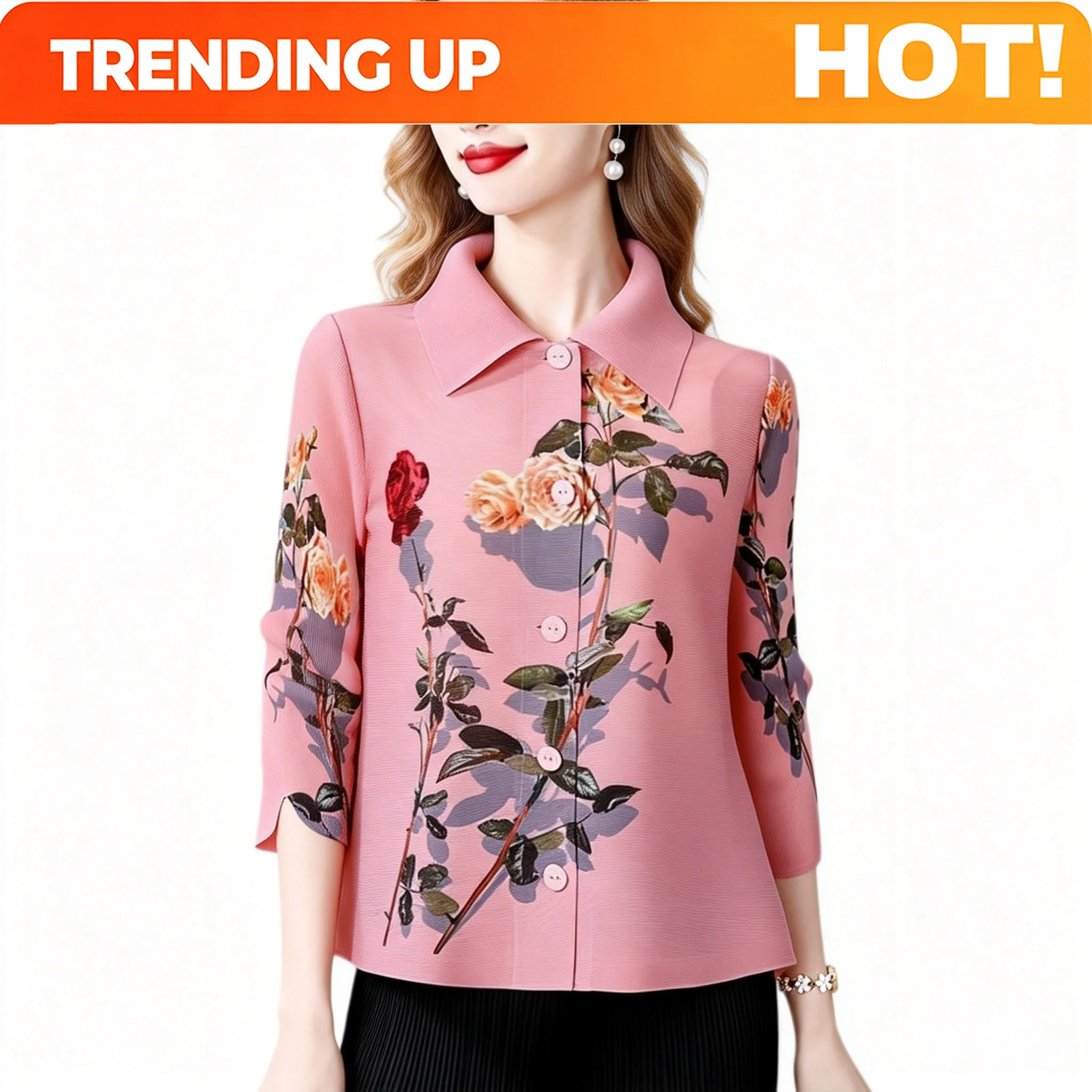 Customization Flower Printed Shirt Women Lapel Single Breasted Three Quarter Sleeves Pleated Shirts Female New Fashion Clothes 2