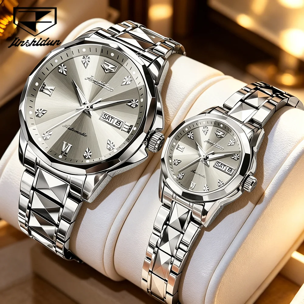 JSDUN Couple Watches Luxury Fashion Tungsten Steel Strap Diamond-shaped Mirror Original Automatic Mechanical Wristwatch Calendar
