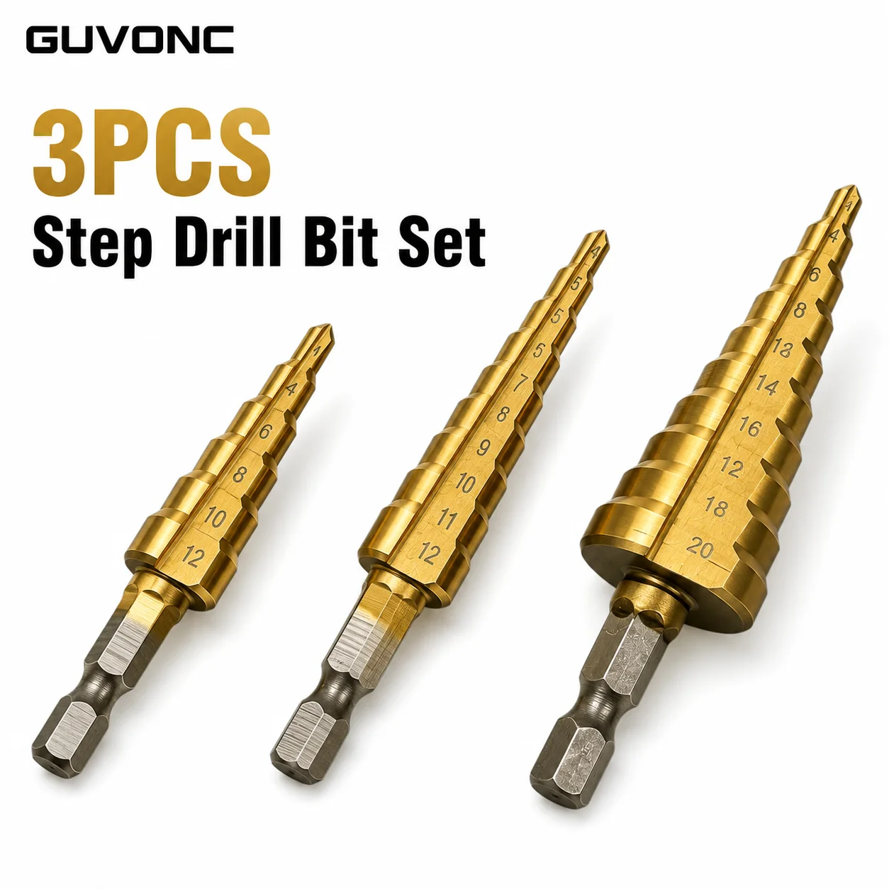 3Pcs Cone Step Drill Bits 4‑20mm, Hexagonal Shank Drill Bits for Creating Different‑Diameter Holes on Wood, Plastic, Thin Metal