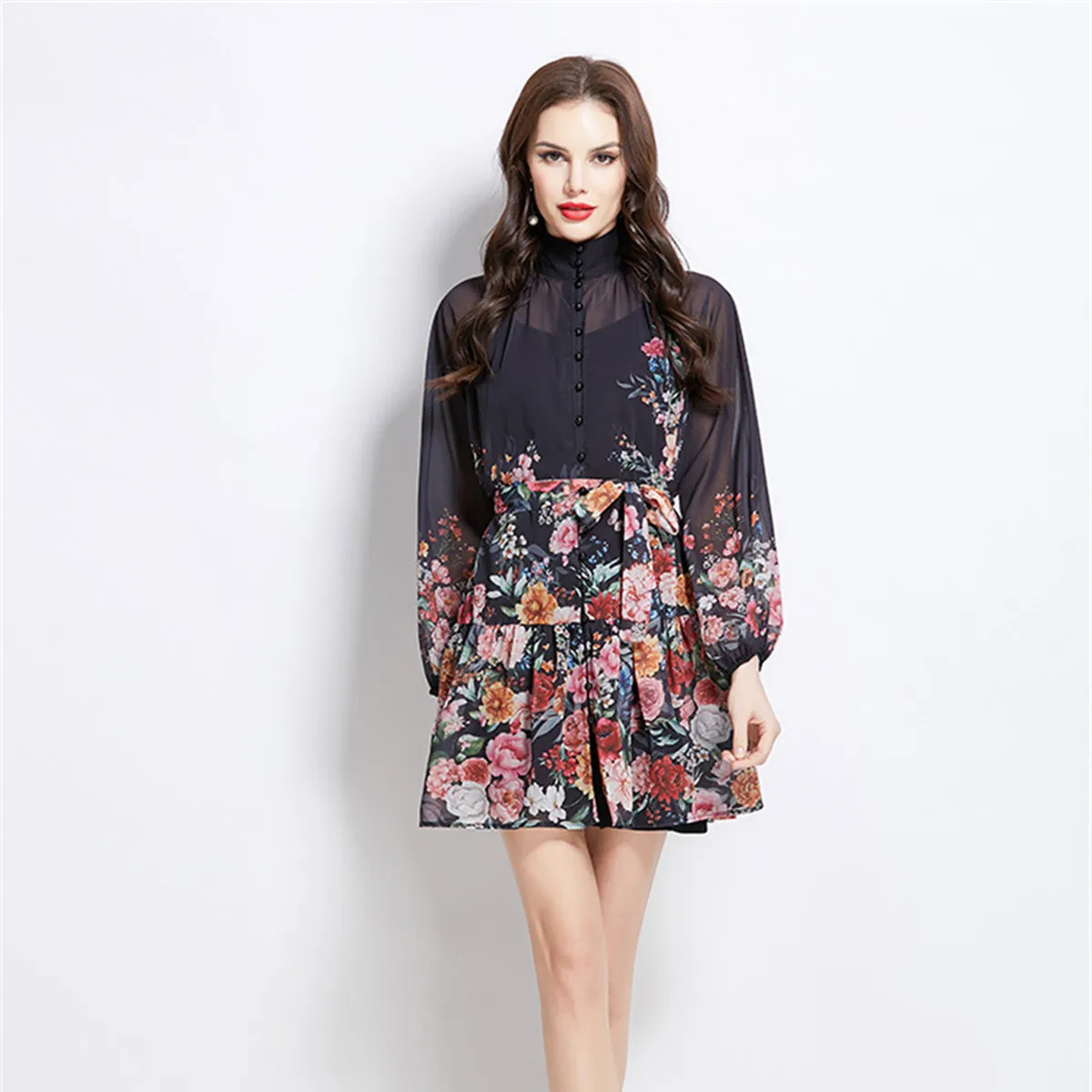 2025 Spring and Summer Vacation Women Clothing New Floral Oil Painting Style Printed Chiffon Standing Collar Short Dresses
