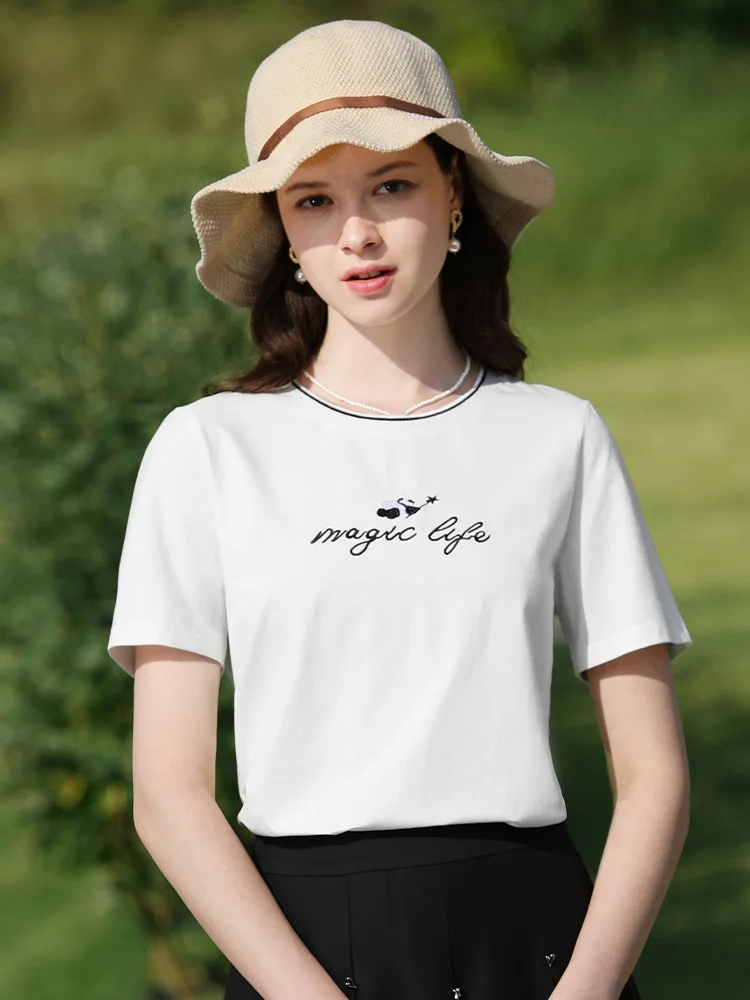 I BELIEVE YOU Ice Porcelain Cotton Embroidery Short Sleeve T-Shirt Women 2024 Summer New Slim Chic Female Casual Tees 2241015519