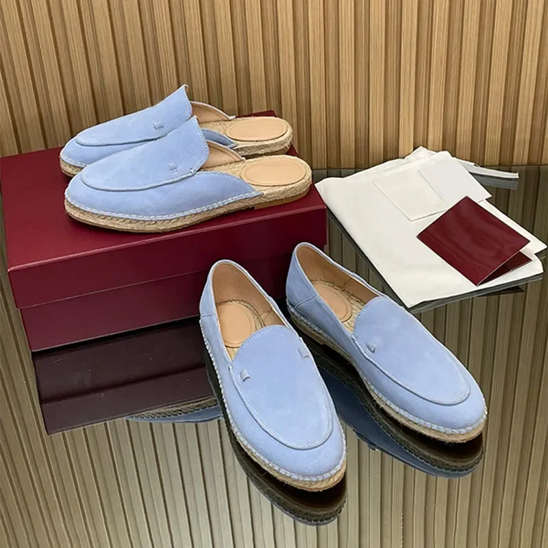 Mules de Esparto de Moda para Mujer, Sandalias Tipo Loafer de Paja Tejida y Cuero de Diseño Casual 1034