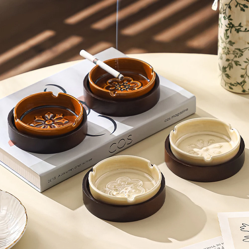 

Керамическая пепельница в форме лепестка с деревянным основанием, креативная, предотвращающая разлетание пепла, декоративное украшение, аксессуар для дома