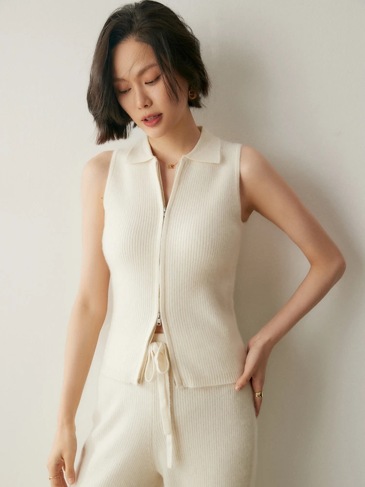 New Chic Women's Polo Zipper Waistcoat 100% Cashmere Sweater Autumn Winter Sleeveless Cardigan Simple Style Cashmere Knitwear