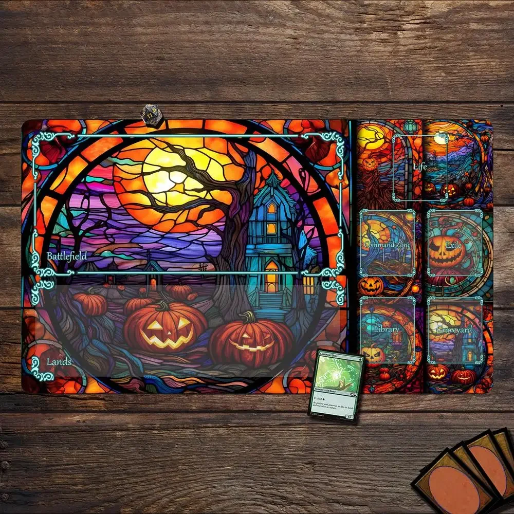 유리 스타일 호박 테마 매직 카드 게임 매트, 존이 있는 MTG 플레이매트, 데스크 매트, 커맨더 플레이매트, 게임 모임에 적합